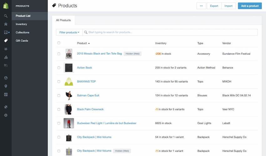 Webpage screenshot example of shopify account dashboard products listings